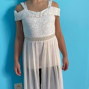 Girls white lace jumpsuit, sheer fabric overlay
